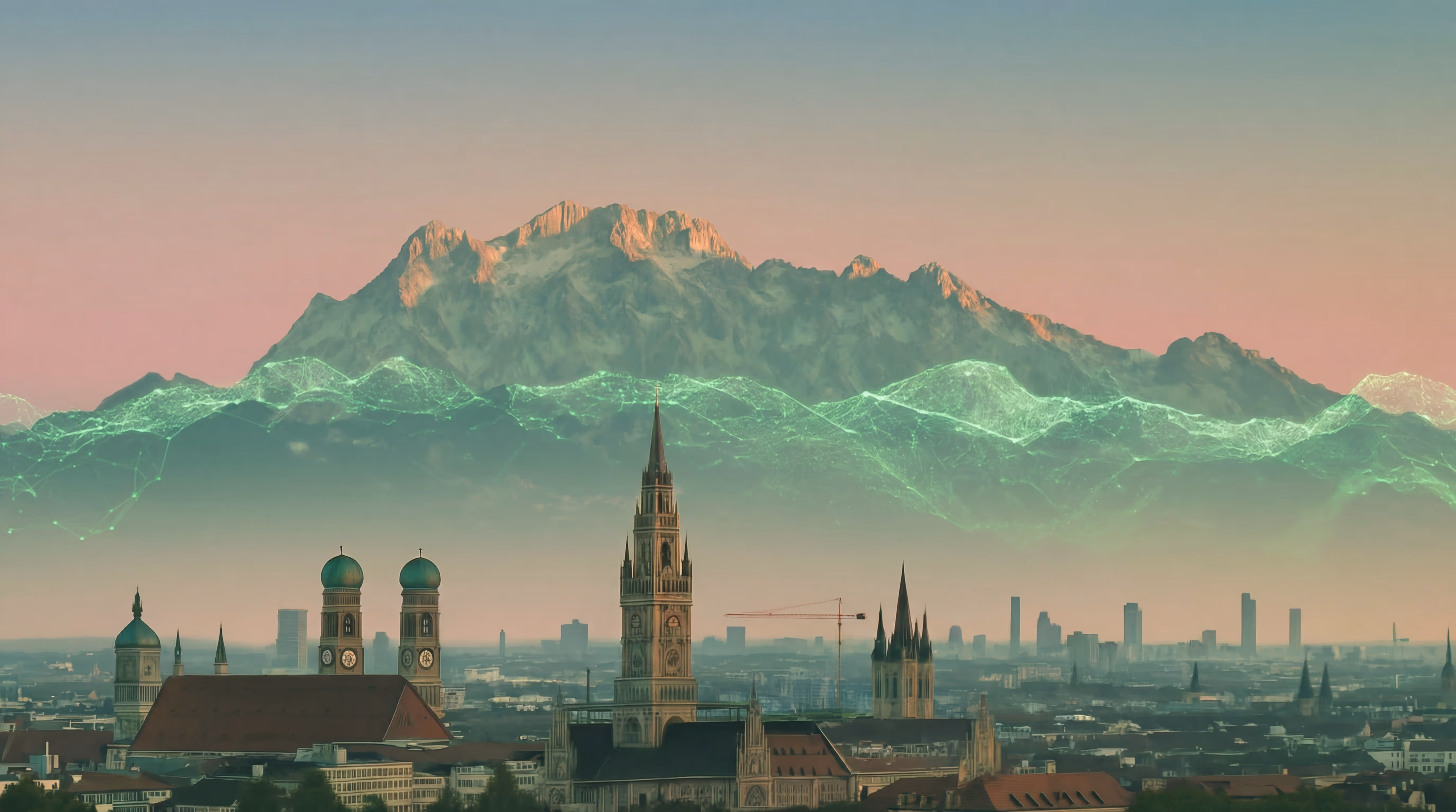 City with mountains in the background and futuristic topografic lines