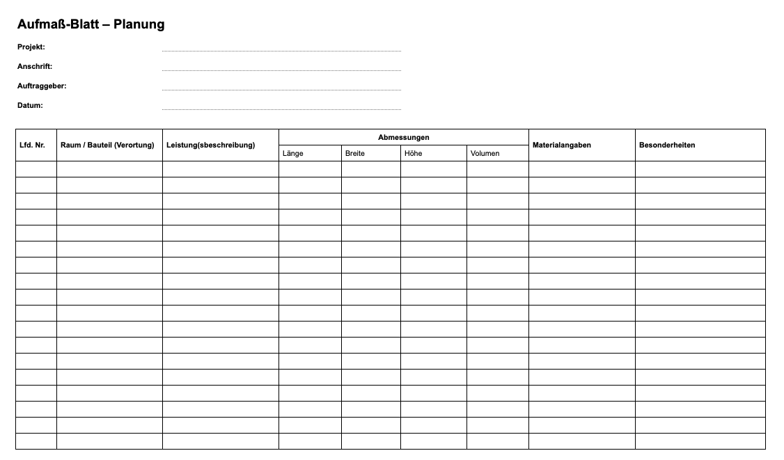 Aufmaß Vorlage für Architekten und Ingenieure