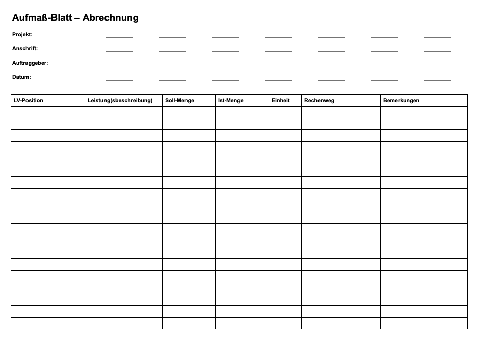 Aufmaß Vorlage zur Abrechnung der Bauleistung