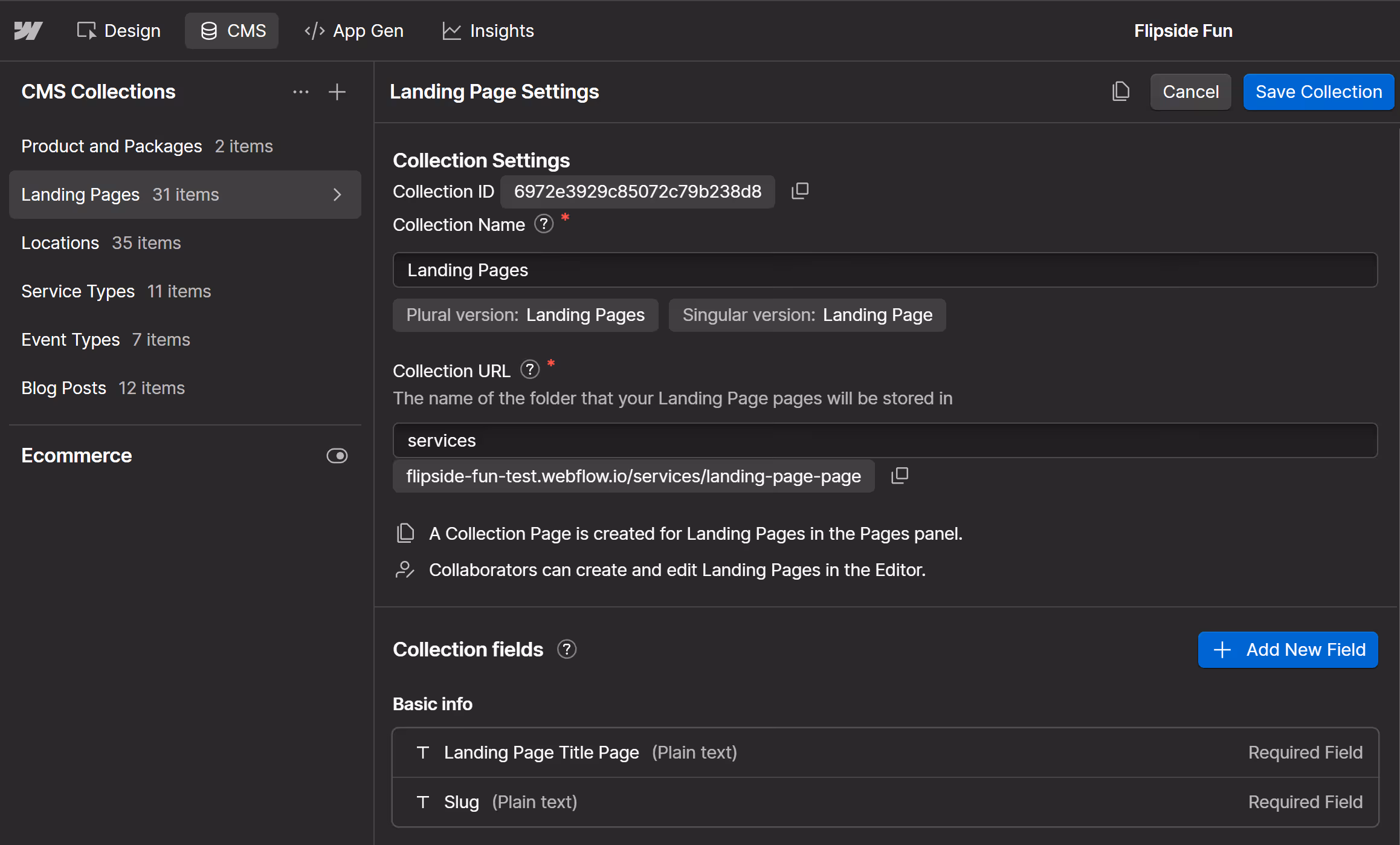 Webflow CMS dashboard displaying Landing Page settings with collection ID, name, URL, and fields like Landing Page Title and Slug.