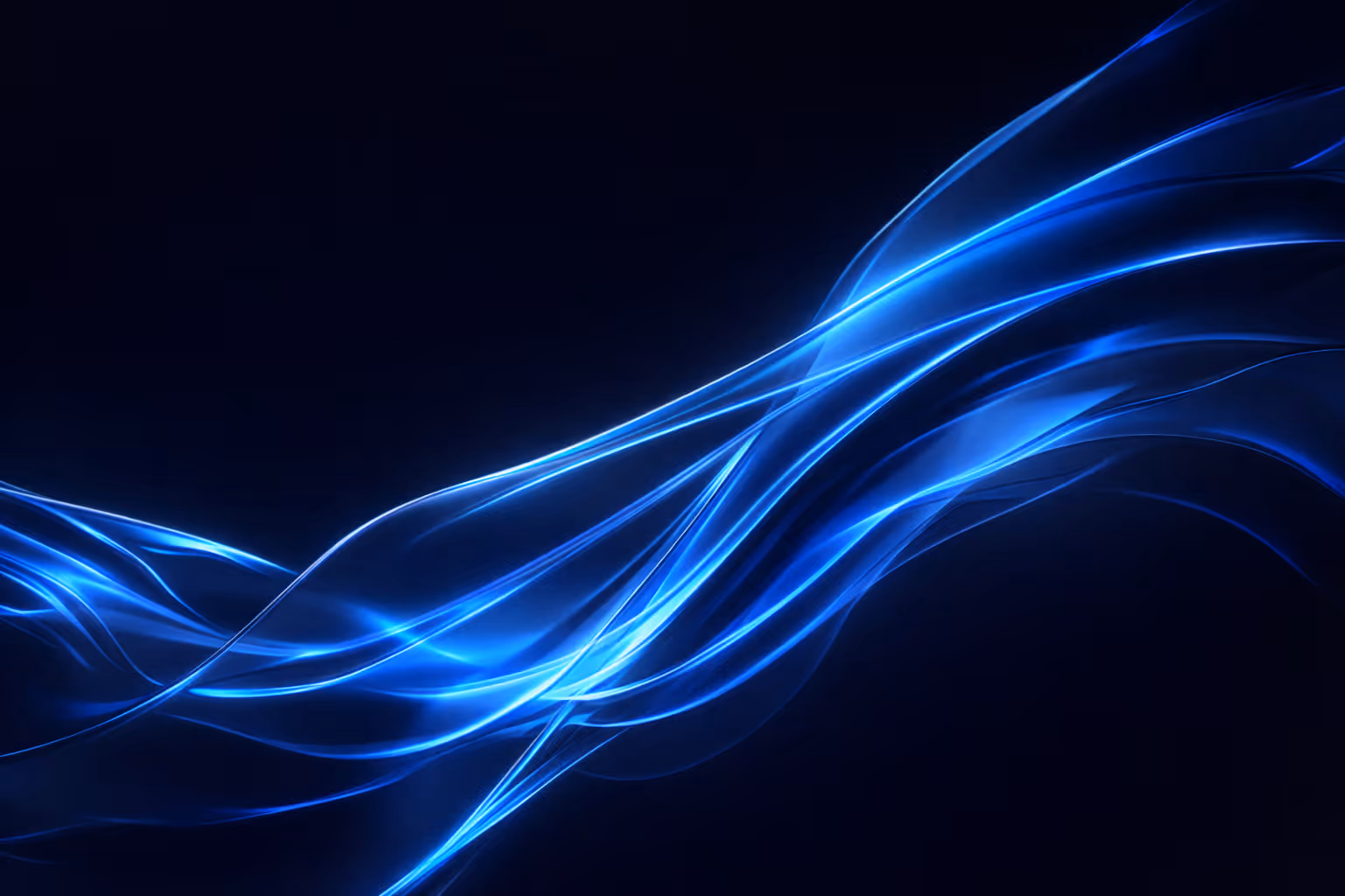Abstract flowing blue light waves on a dark background.