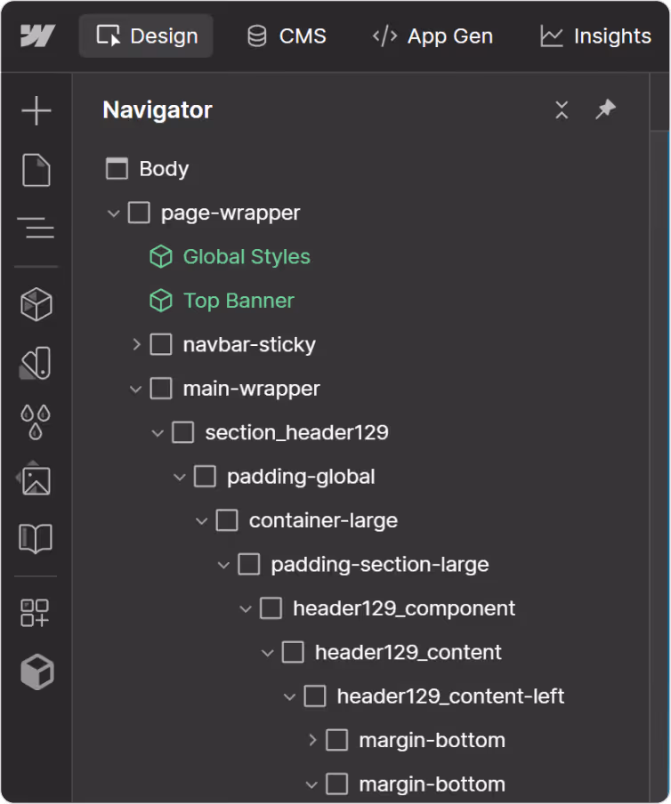 Webflow interface showing html layers