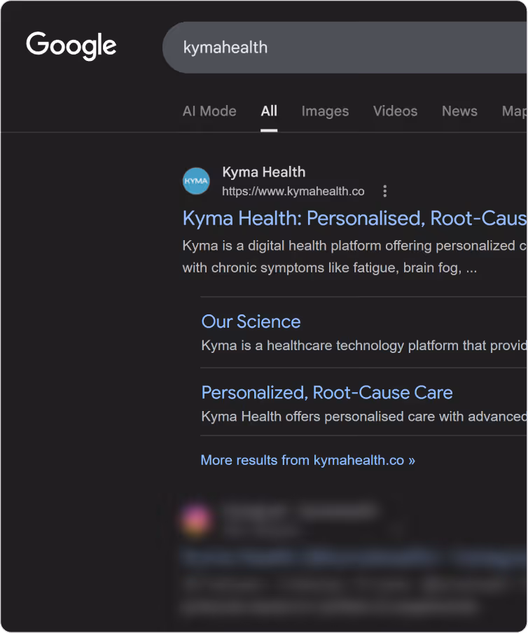 Google search results page showing Kyma Health website with links to science and personalized root-cause care pages.