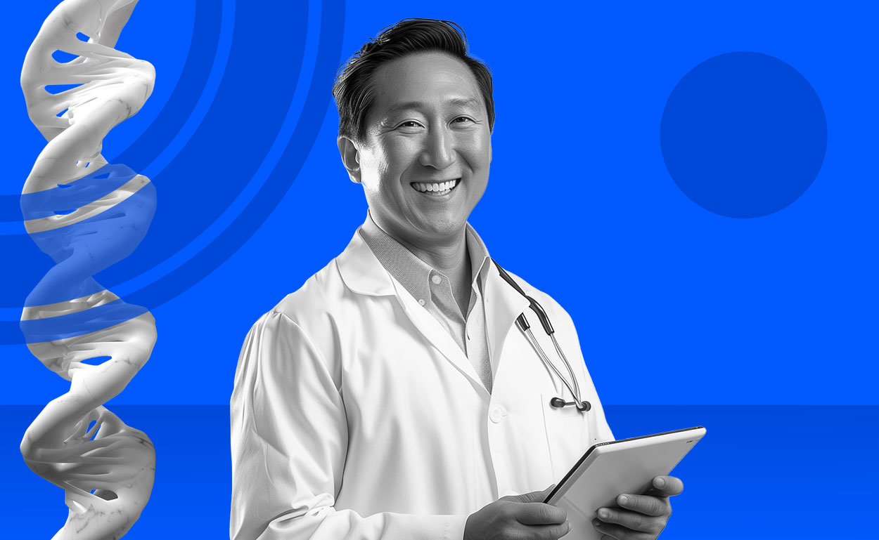 Asian genetic counselor with dna sculpture.