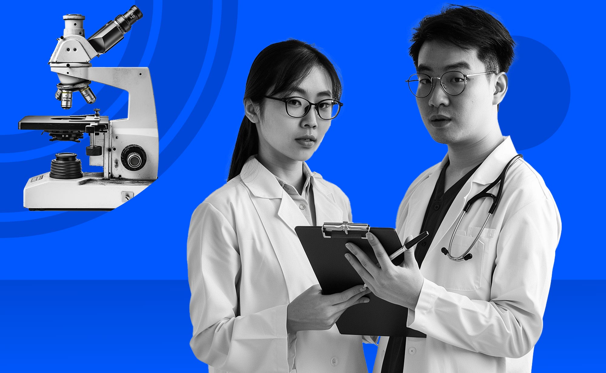 doctors looking at clipboard next to an electron microscope