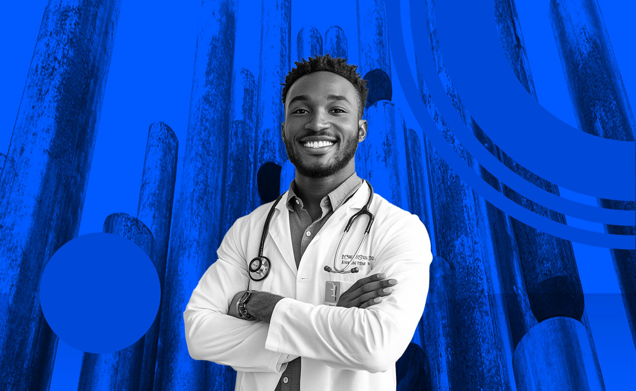 Nurse practitioner in front of precarious metal poles