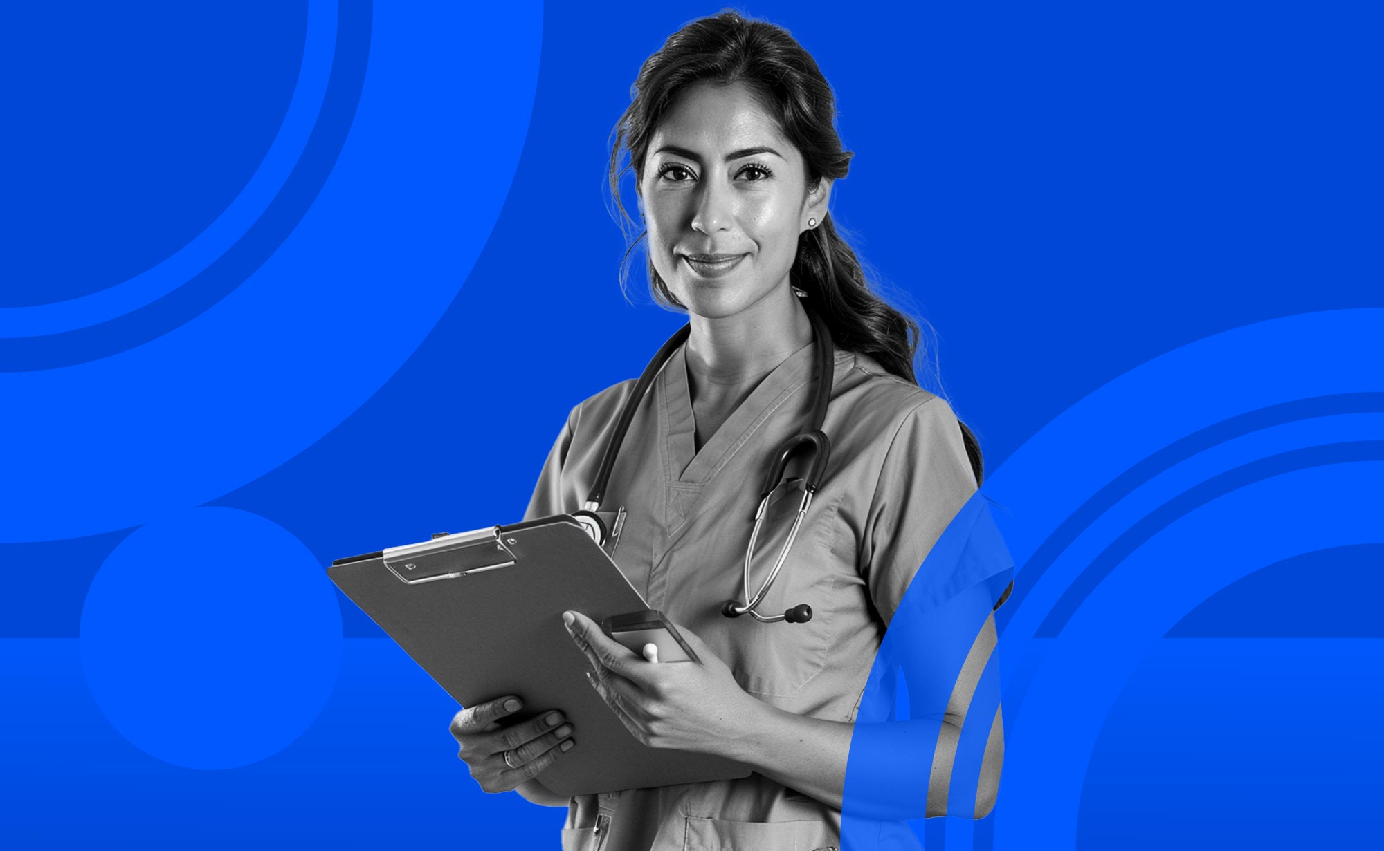Female doctor checking her clipboard.