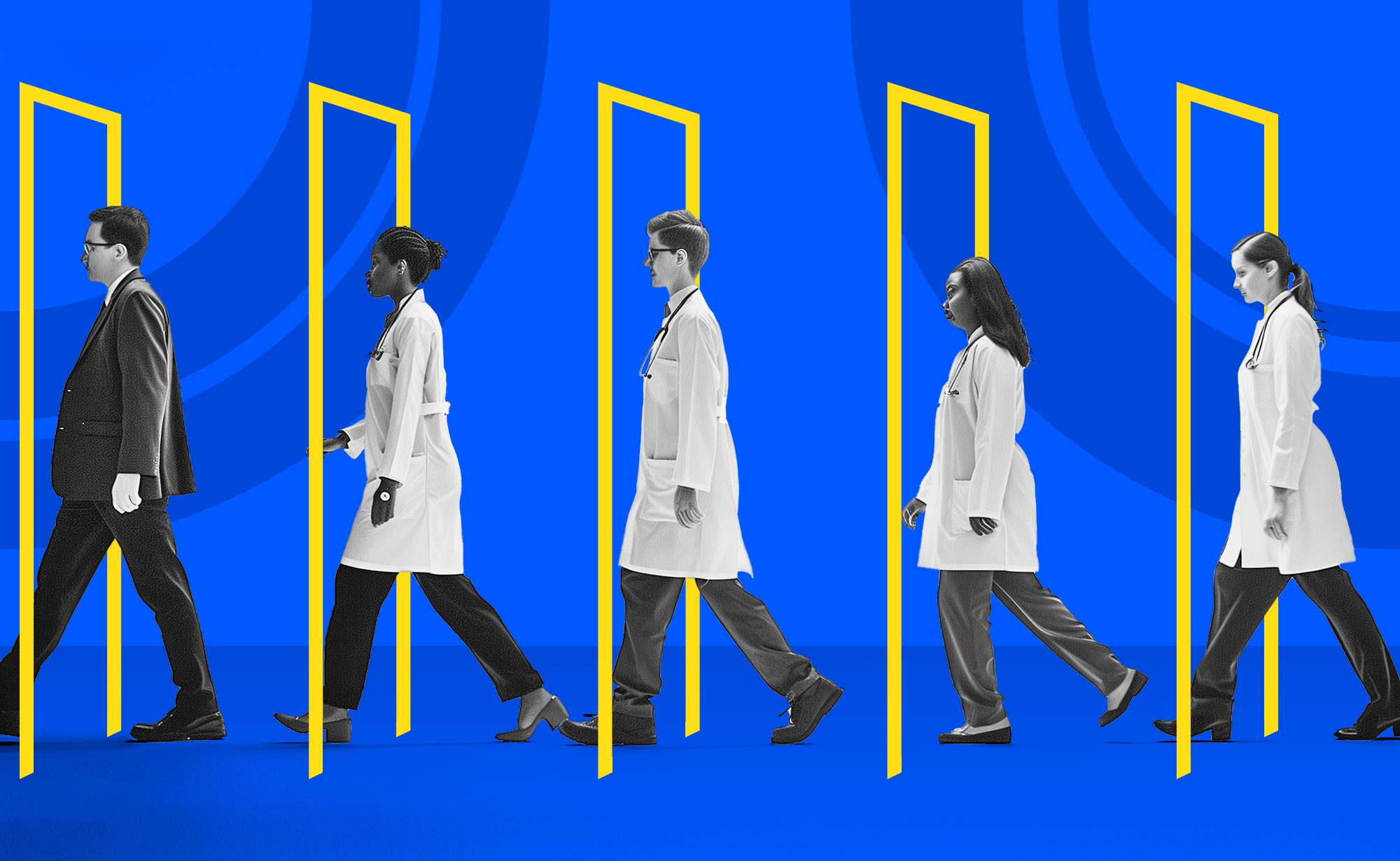 A row of Physician Assistants walking through a series of doorways.