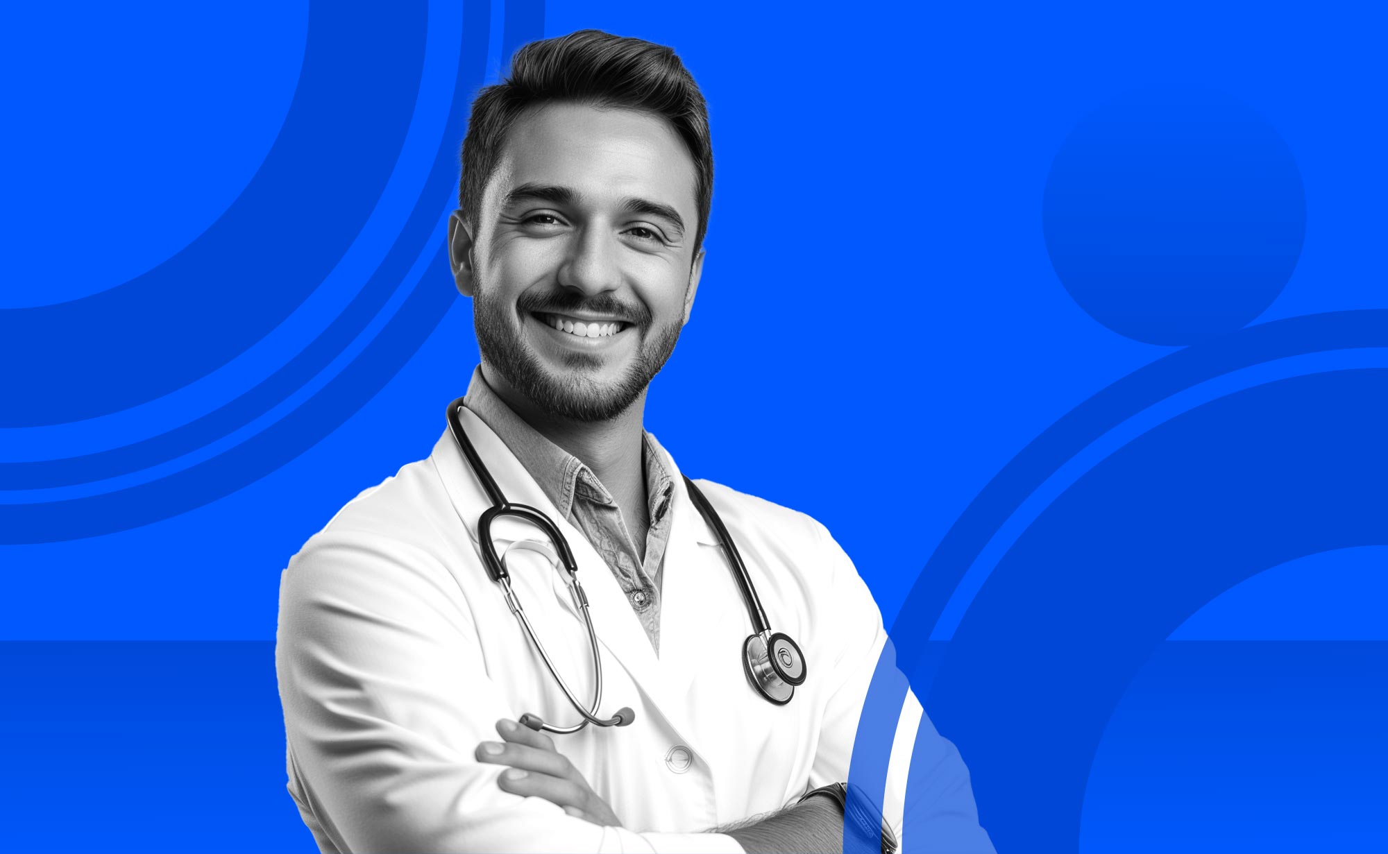 Doctor smiling in front of abstract background.