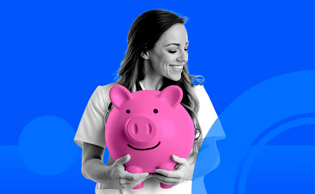 Nurse practitioner holding a large piggy bank