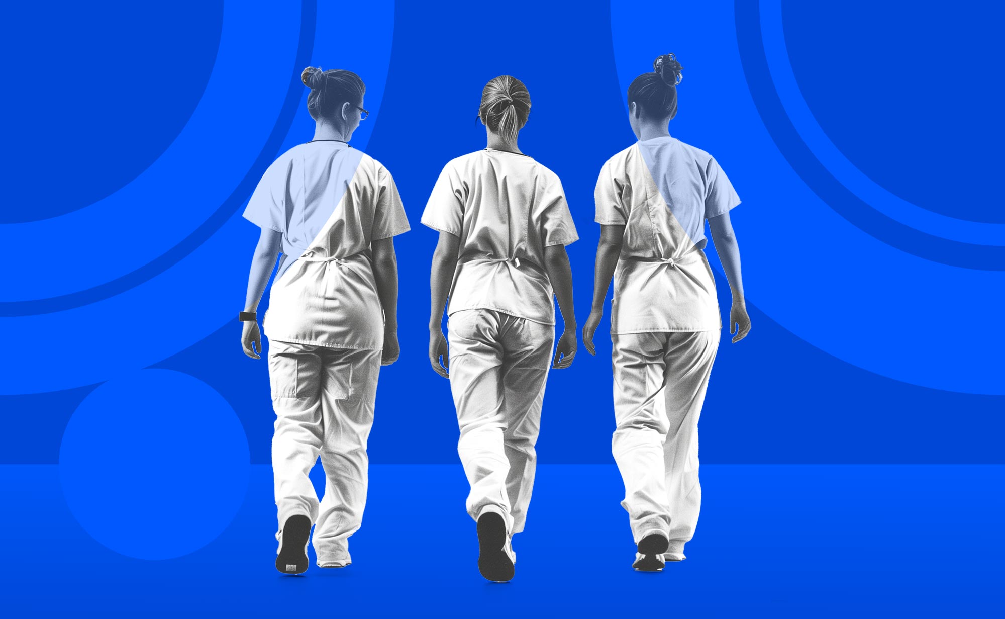 Three nurses walking on a colorful abstract background.