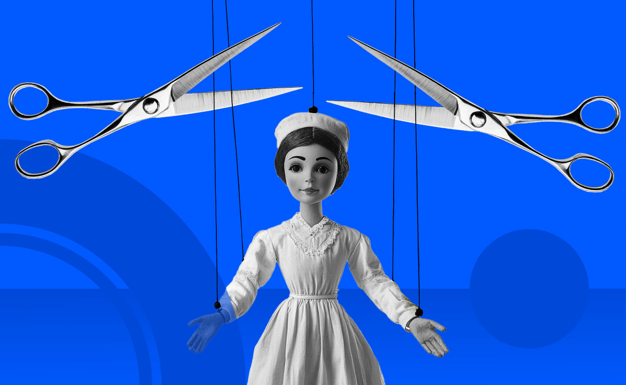 Nurse puppet with strings being cut by scissors