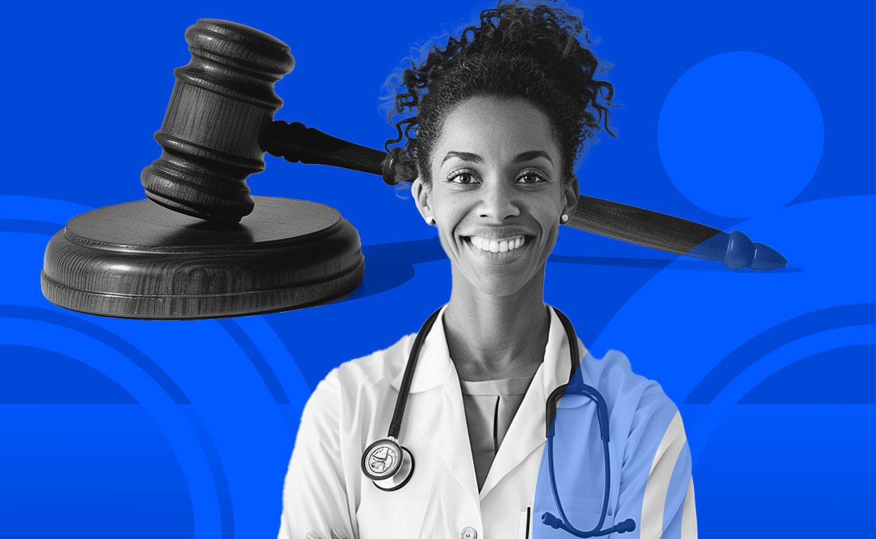 Smiling doctor with judge's gavel.