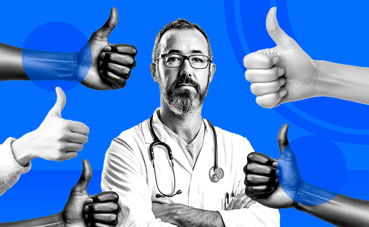 Nurse practitioner surrounded by hands giving the thumbs