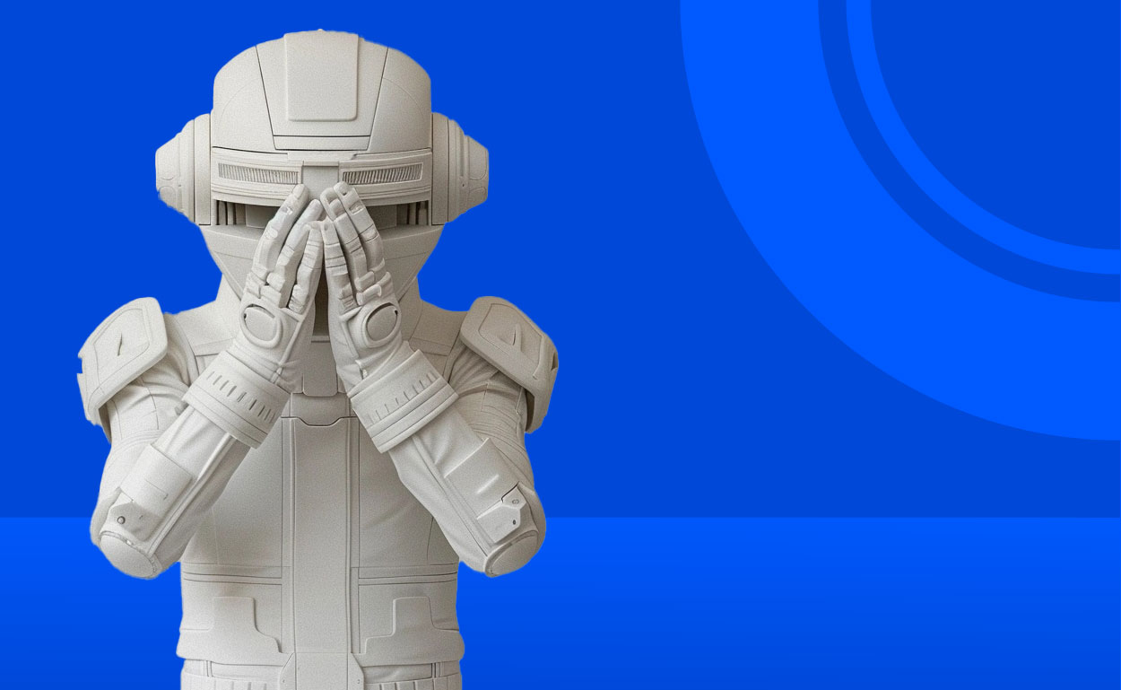 Robot covers face with hands