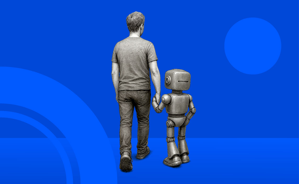 Robot walking with Gen X person