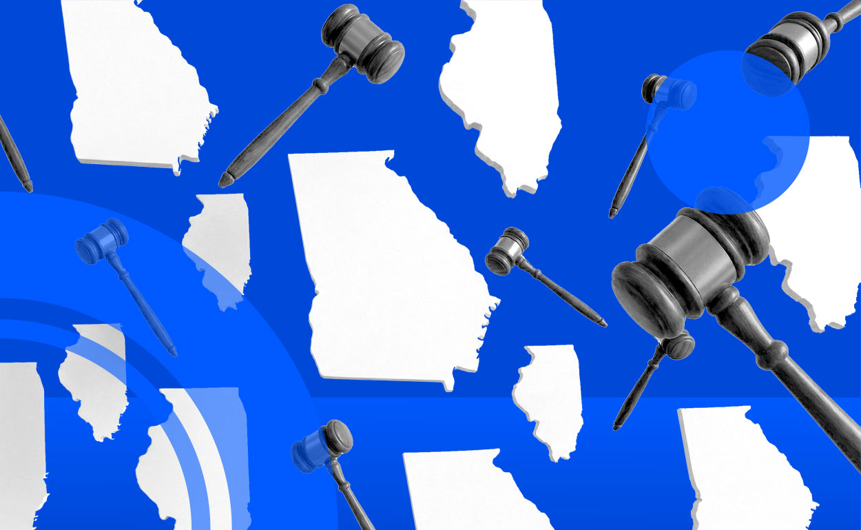 3D renderings of US states, Georgia and Illinois with judge's gavels.