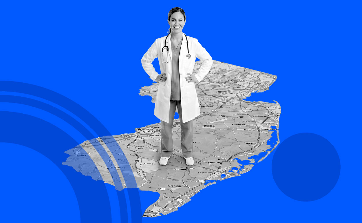 Doctor standing o small map of New Jersey