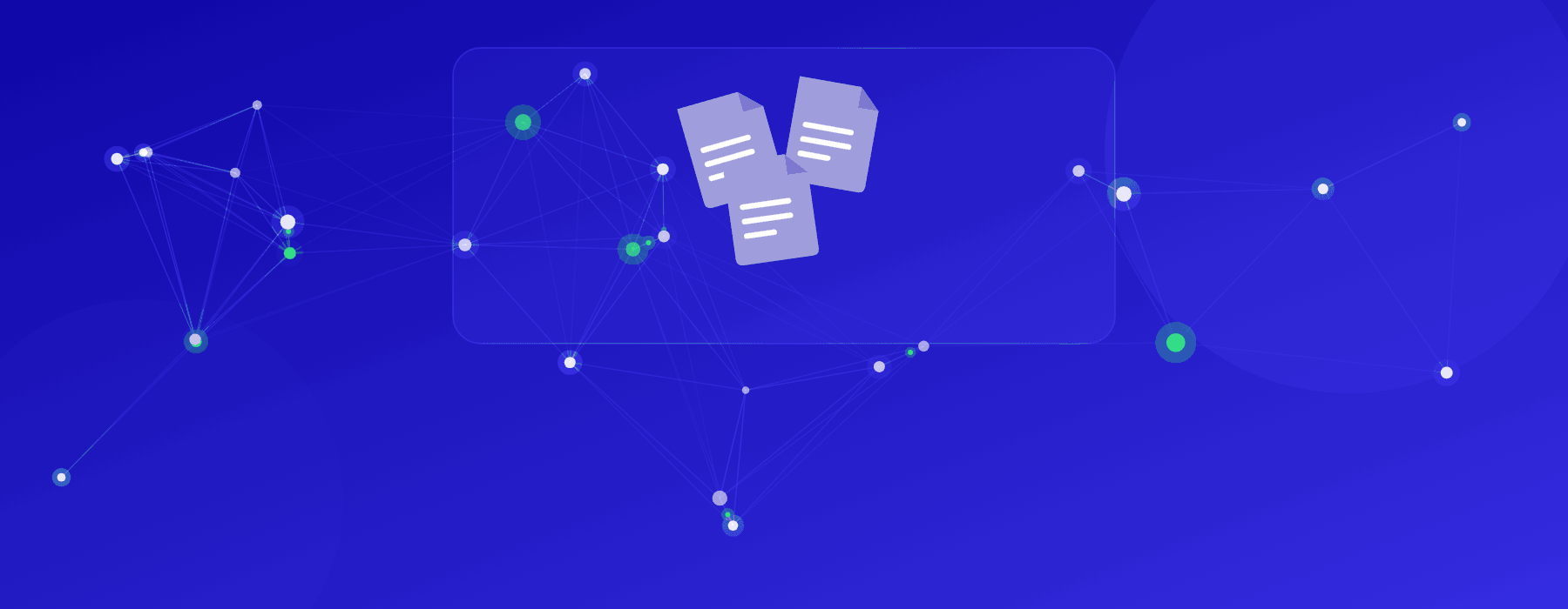 Animated network graphic with a top-aligned panel showing scattered documents merging, connecting, and getting automatically checked off, representing Curasev's AI-driven intake automation