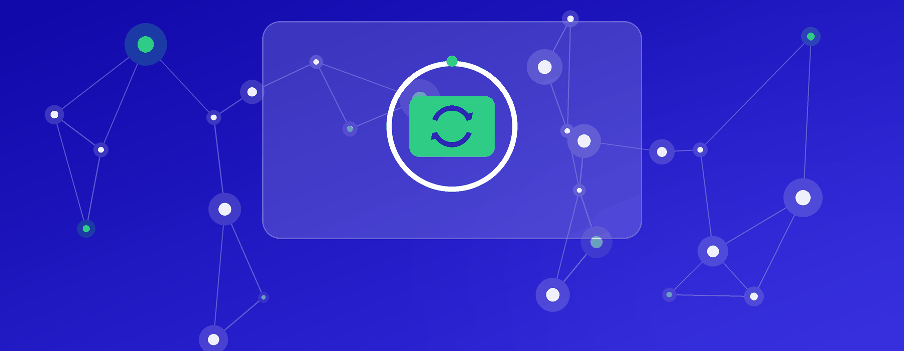 Animated network graphic on an indigo background with a top-aligned panel showing a circular resupply-cycle icon, representing automated recurring HME operations
