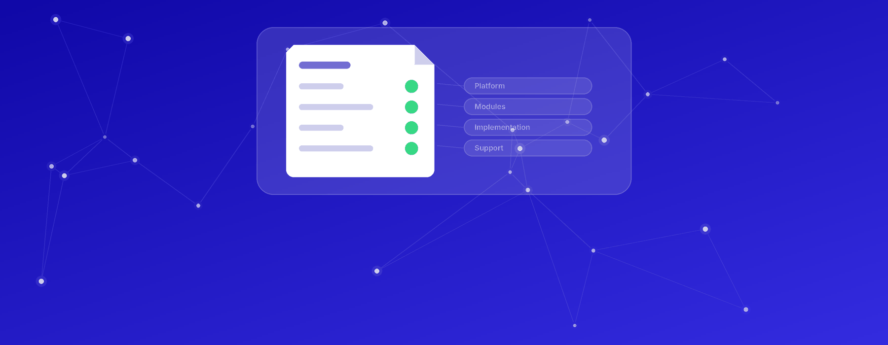 Animated network graphic with a top-aligned panel showing an itemized quote being checked off line by line