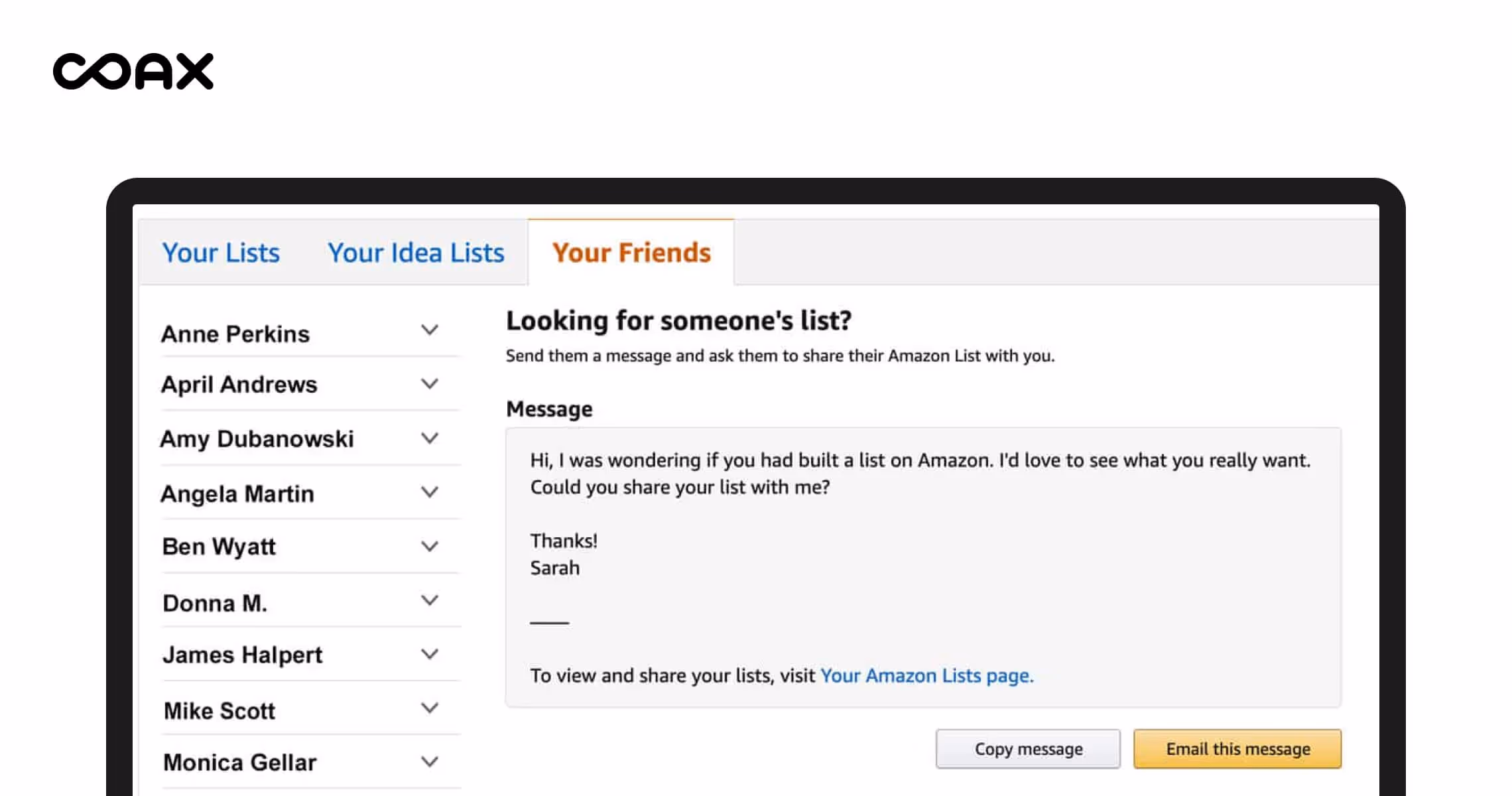 Amazon wish list sharing screen
