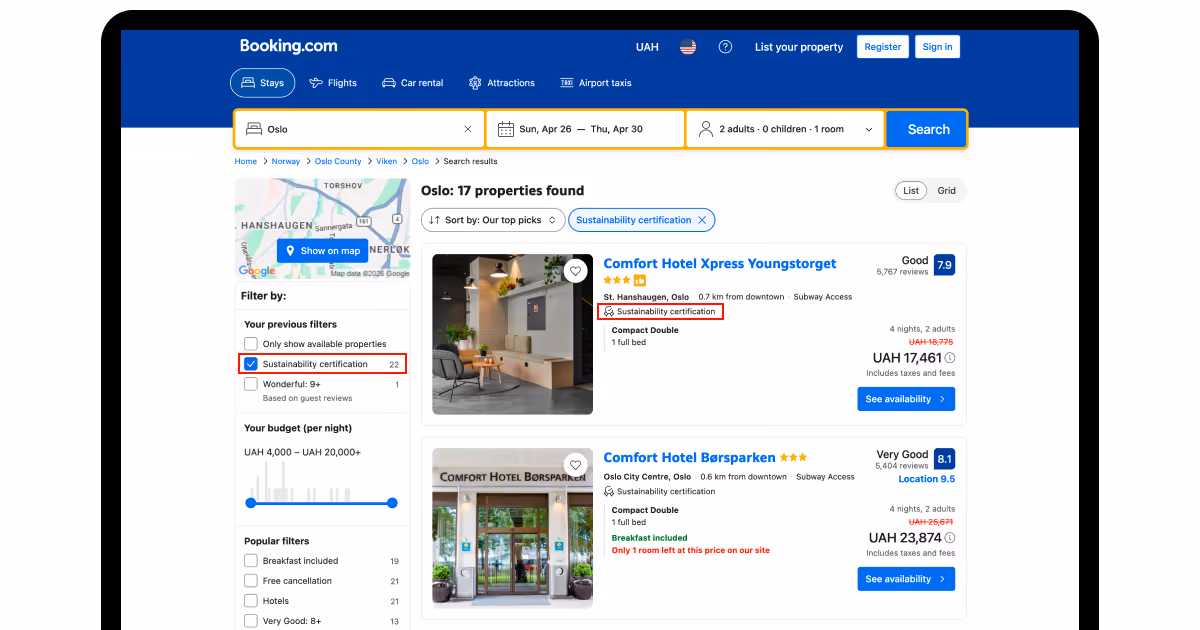 Booking.com sustainable filters