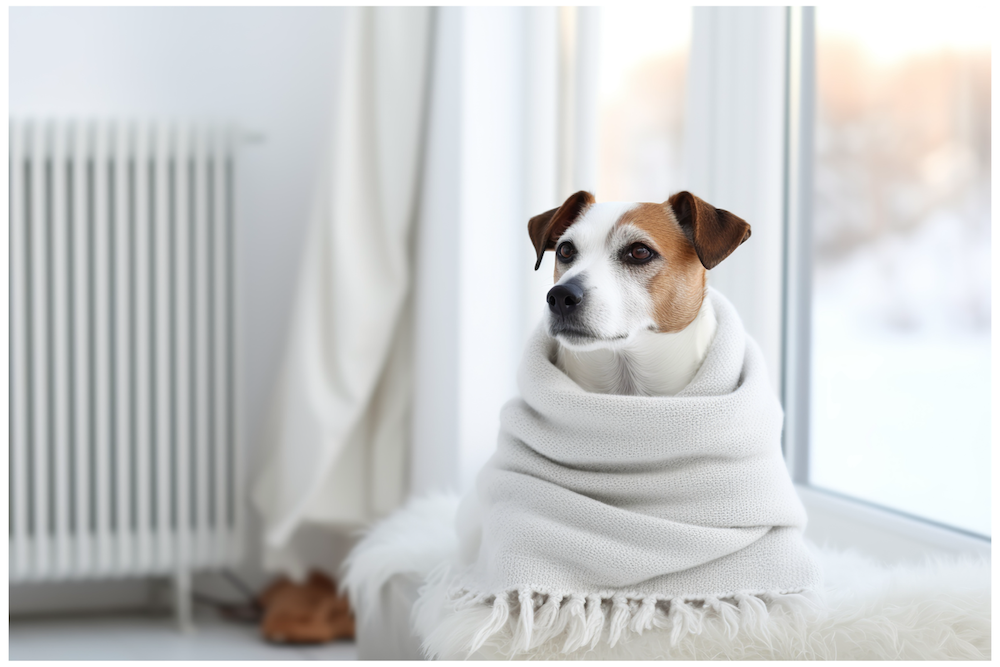 happy hound wrapped in a blanket