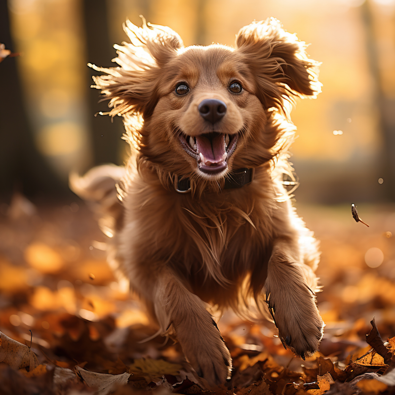happy hound running in the leaves