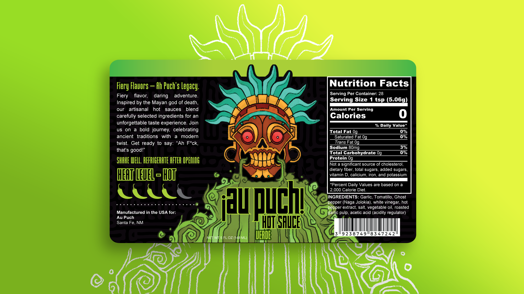Graphic of hot sauce packaging verde label