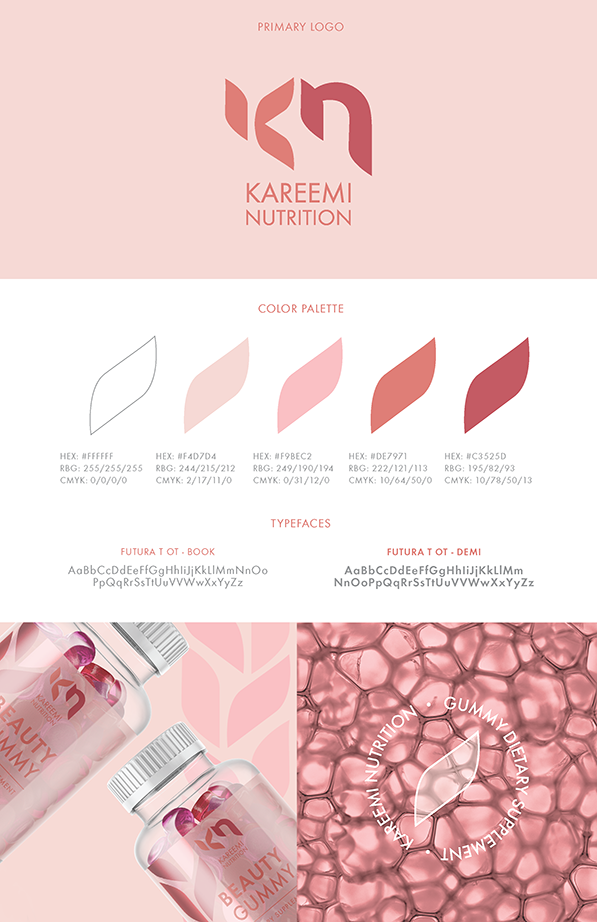 Graphic of supplement Kareemi brand identity style sheet