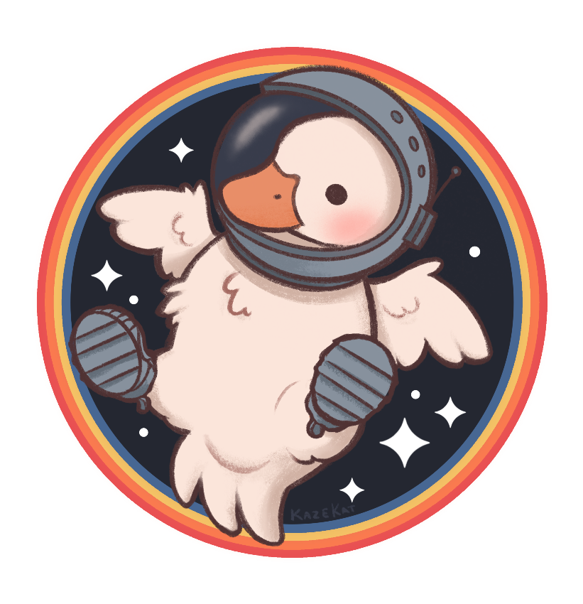 Cute cartoon duck in a space helmet floating in a circular emblem with a starry background
