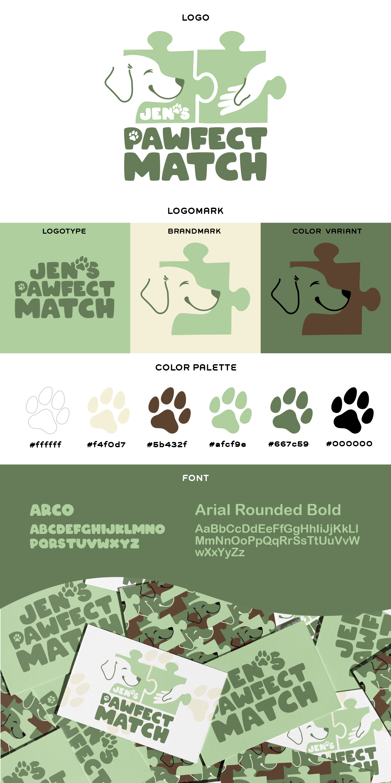 Graphic of Jen's Pawfect Match brand identity style sheet