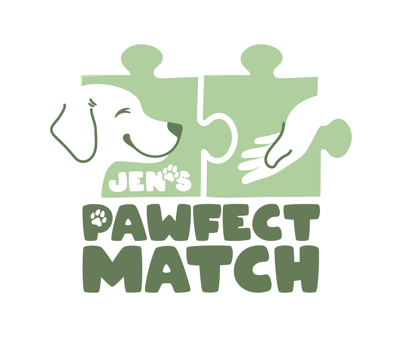 Graphic of Jen's Pawfect Match company logo with a dog and hand printed on separate puzzle pieces coming together