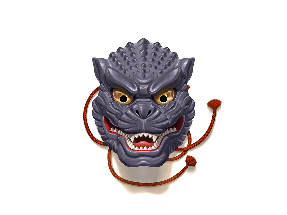 Illustrated gray Godzilla-style kaiju mask with yellow eyes and red cord on a white background