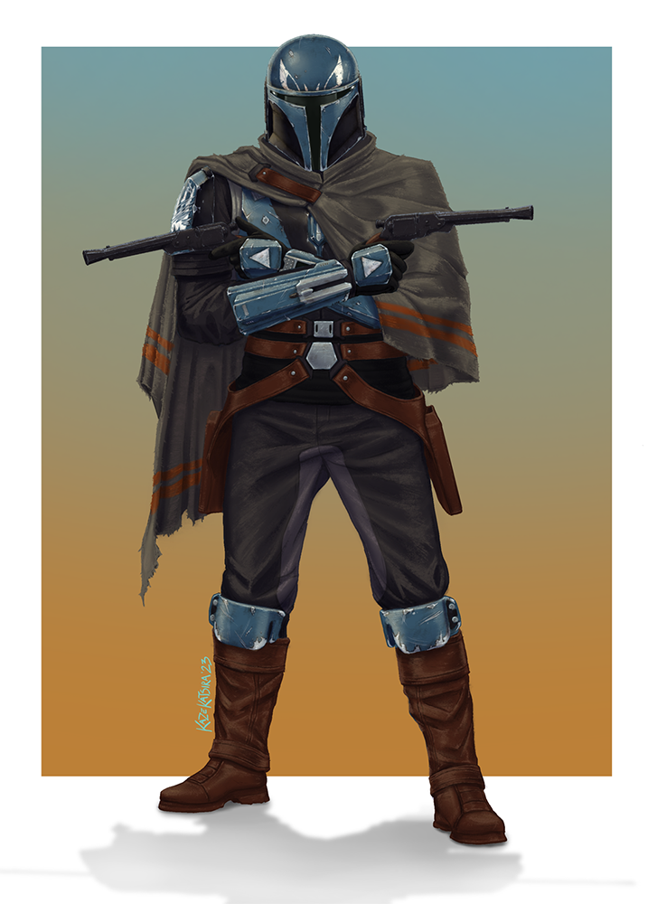 Armored sci-fi warrior holding a blaster rifle, standing against a gradient background
