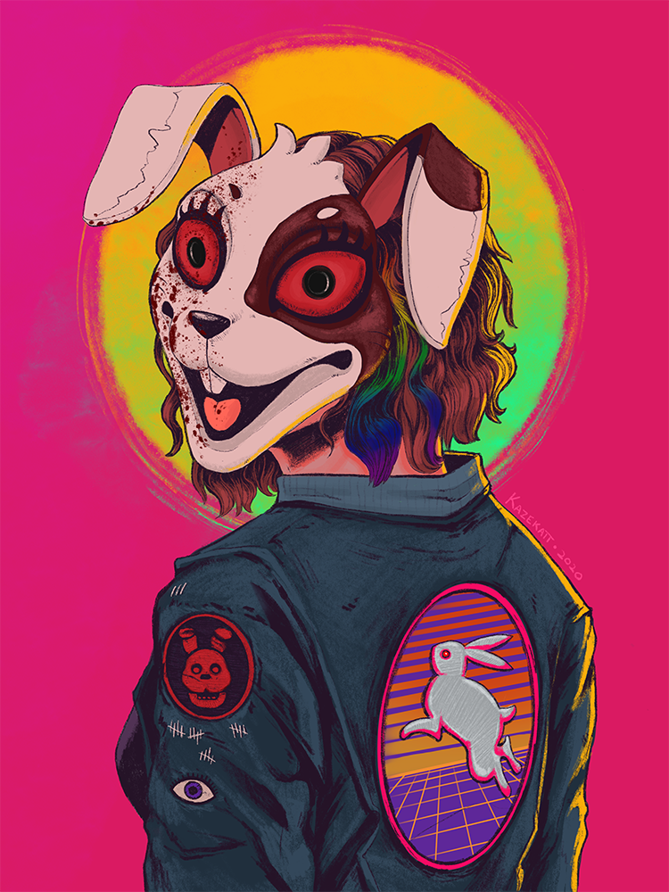 Cartoonish dog-headed character in a black jacket, neon pink background, and retro patch designs