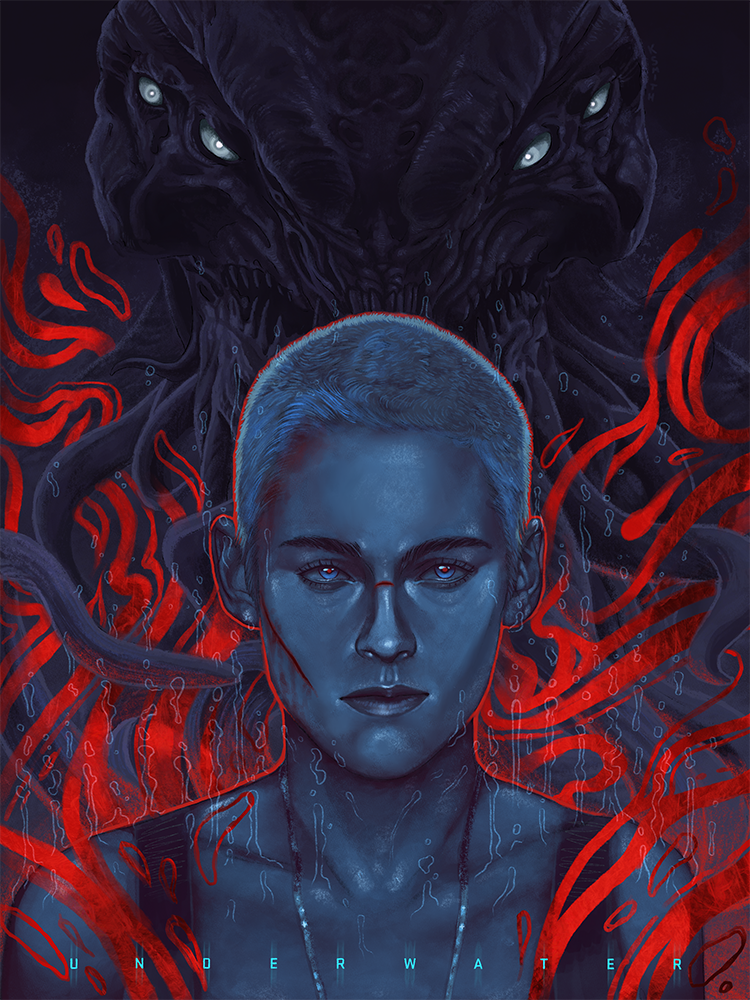 Blue-skinned person with short hair, red glowing lines, and shadowy wolf heads emerging behind them