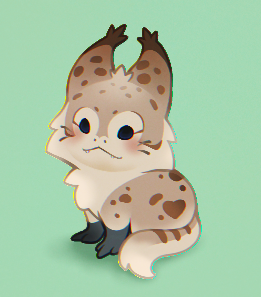 Digital painting of a small, cartoon-like loth cat with big eyes on a mint green background