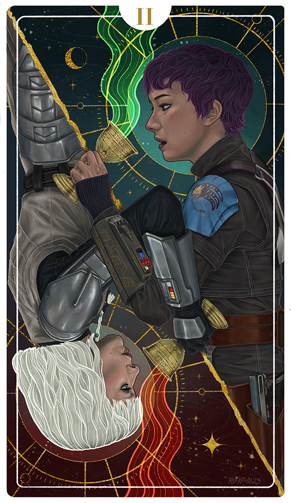 Tarot card–style illustration of two armored characters back-to-back, surrounded by stars and constellations