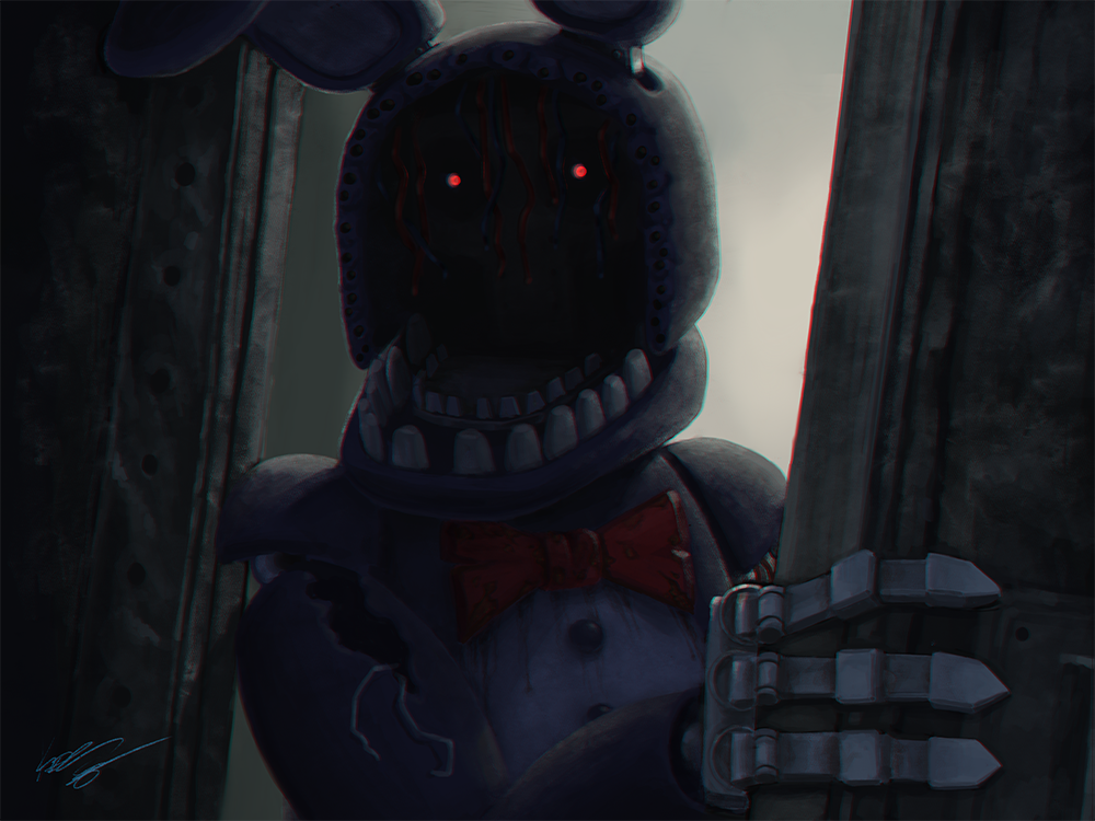 Shadowy humanoid figure with glowing red eyes wearing a stitched, monstrous mask