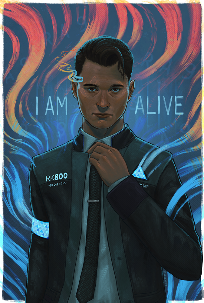 Digital portrait of an android man in a suit with the words “I AM ALIVE” painted in the background