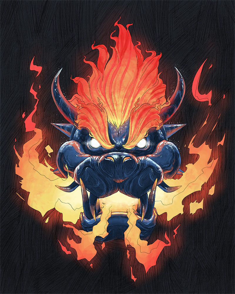 Stylized Bowser as a fiery blue character surrounded by bright orange flames on a dark background