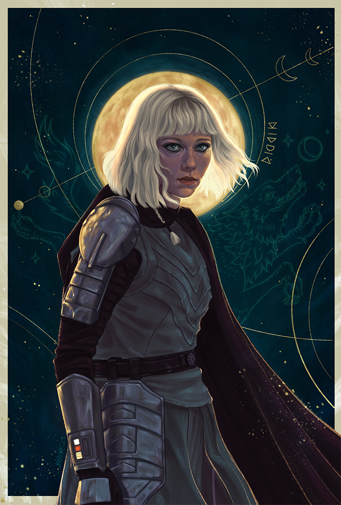 Blonde woman in a futuristic uniform against a celestial background with moons and stars