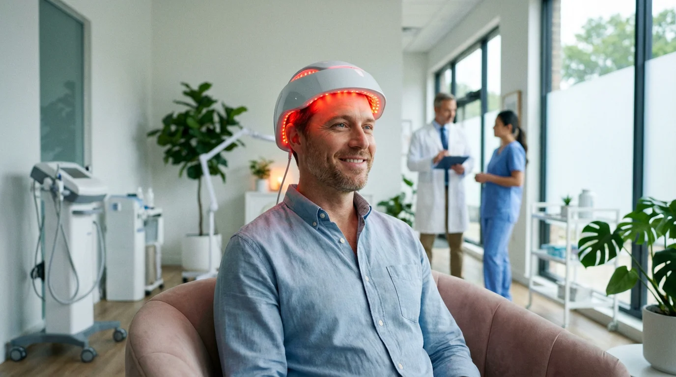 Patient portant un casque LED de luminothérapie capillaire en clinique