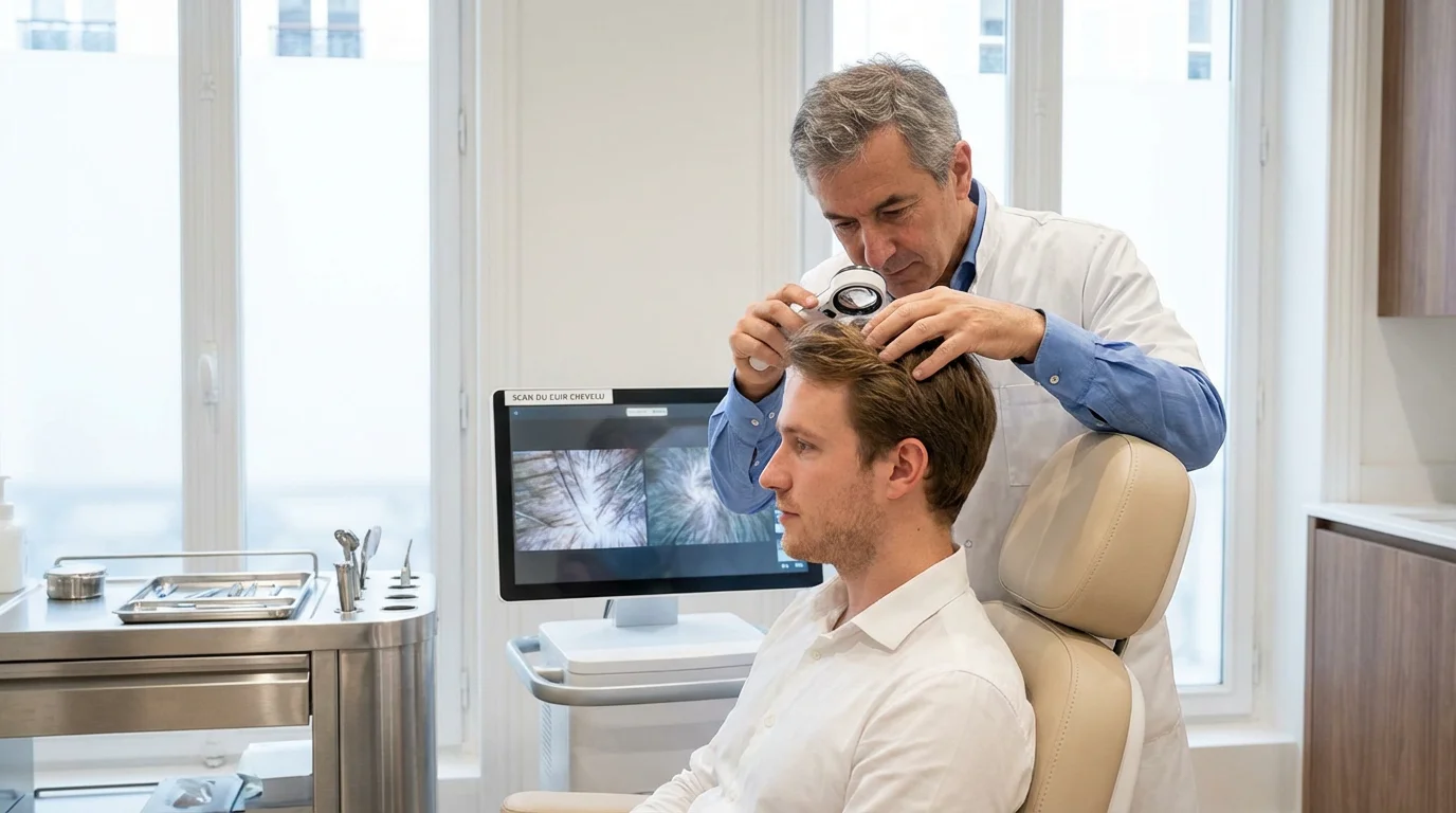 Médecin examinant le cuir chevelu d'un patient dans une clinique capillaire moderne