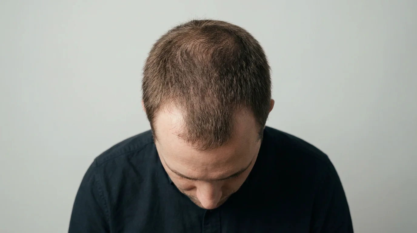 Début de calvitie frontale chez un homme montrant le recul de la ligne des cheveux