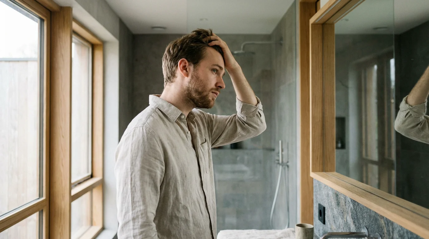 Jeune homme observant ses cheveux devant un miroir, premiers signes de calvitie précoce