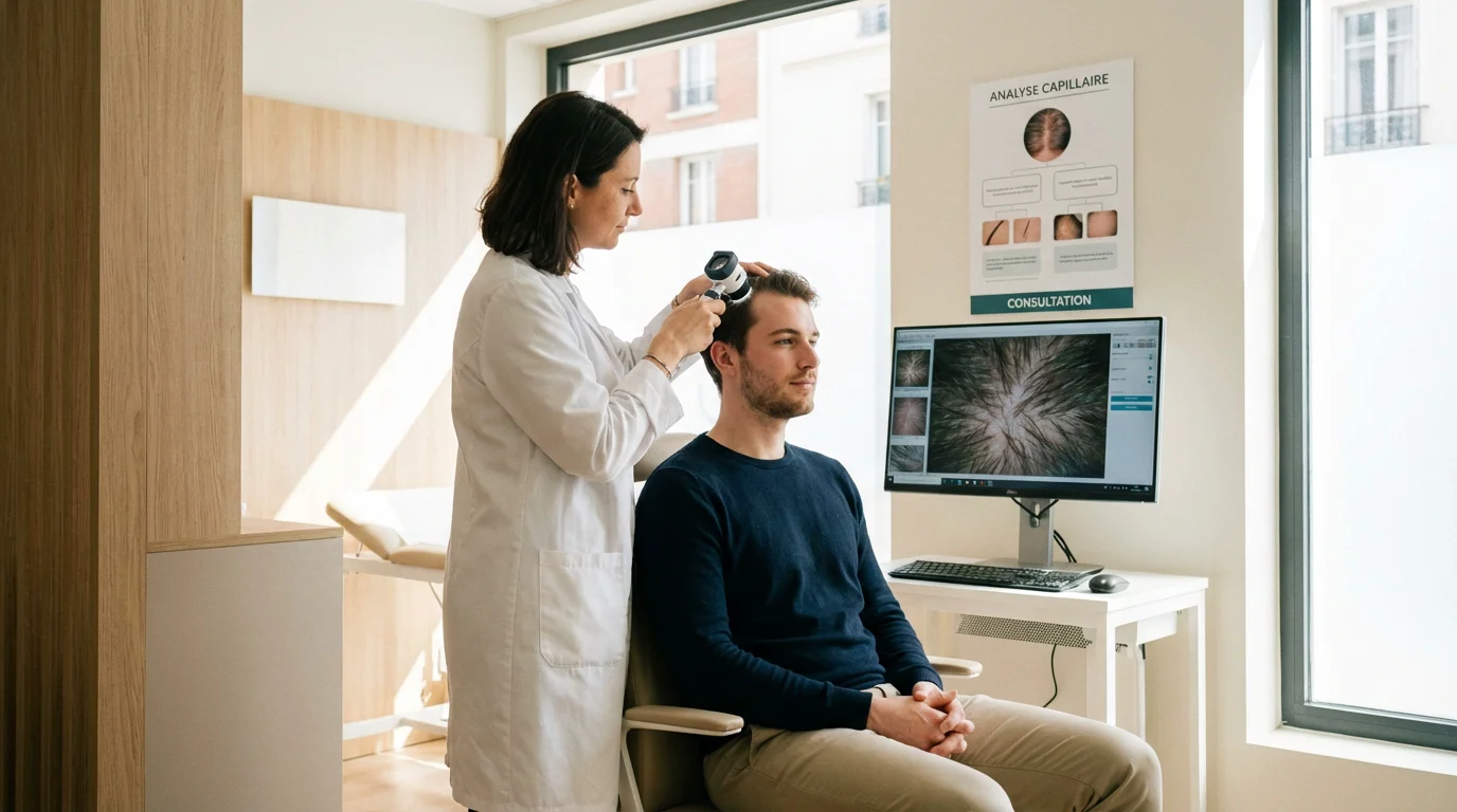 Consultation capillaire avec trichoscope pour diagnostiquer une calvitie précoce chez un jeune homme