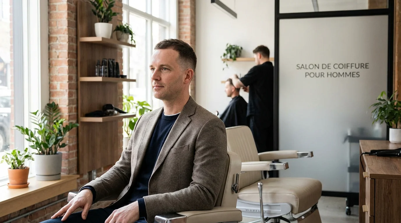 Homme européen avec une coupe française soignée dans un salon de coiffure moderne